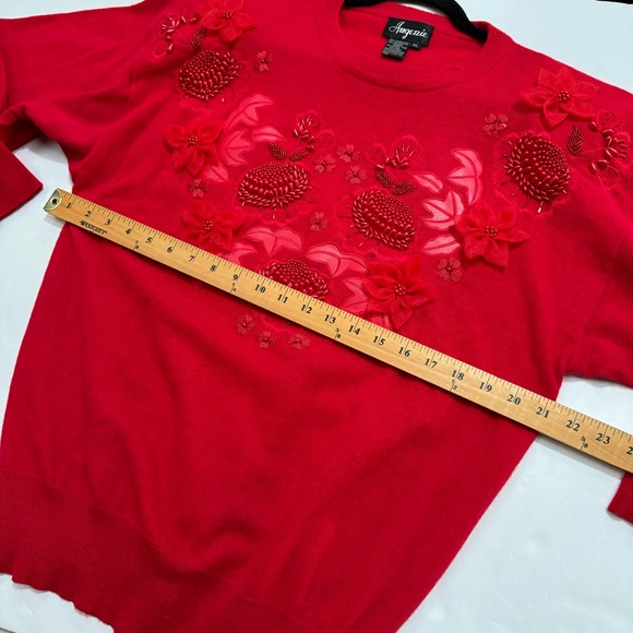 vintage cranberry red embroidered beaded holiday sweater angora wool HONG KONG - Picture 9 of 14